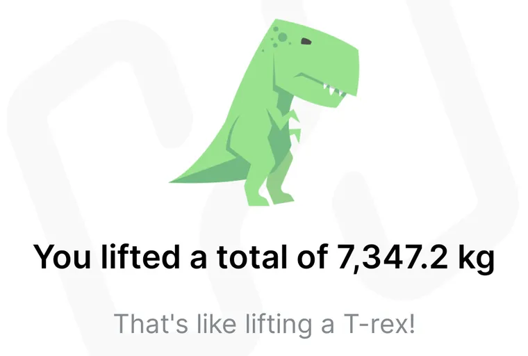 Hevy workout summary: You lifted a total of 7,347.2 kg. That's like lifting a T-rex!